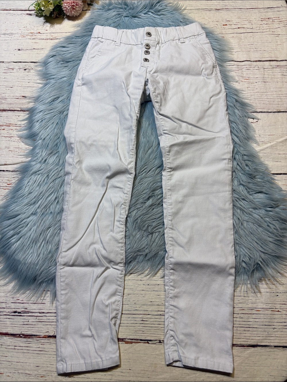 Bevy Flog Grey Pinstripe White Button Fly Skinny Chino Pants sz 24